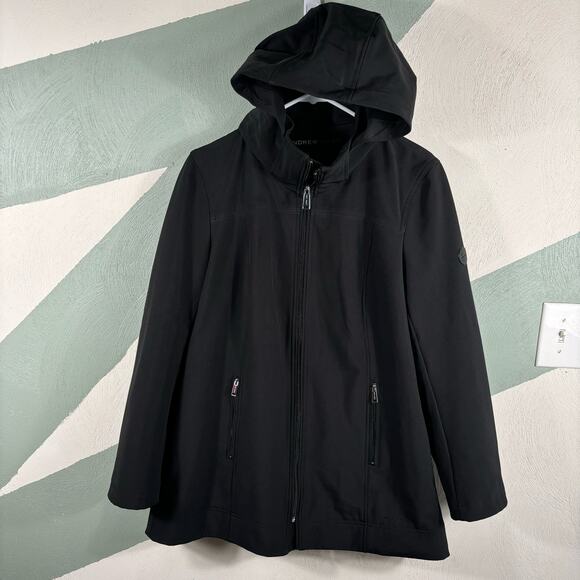 Andrew Marc  Rain Jacket Women's Large  Black Zip Up Hooded Soft Shell Raincoat - Picture 8 of 11